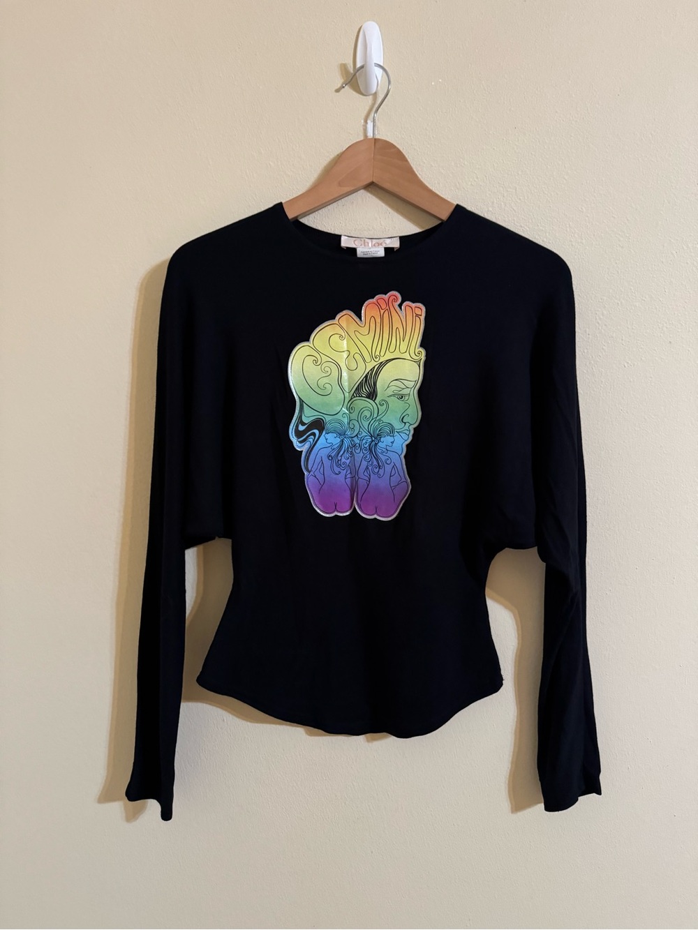 Chloe Gemini Long Sleeve Tee Shirt Graphic Print Multicolor Black One Size